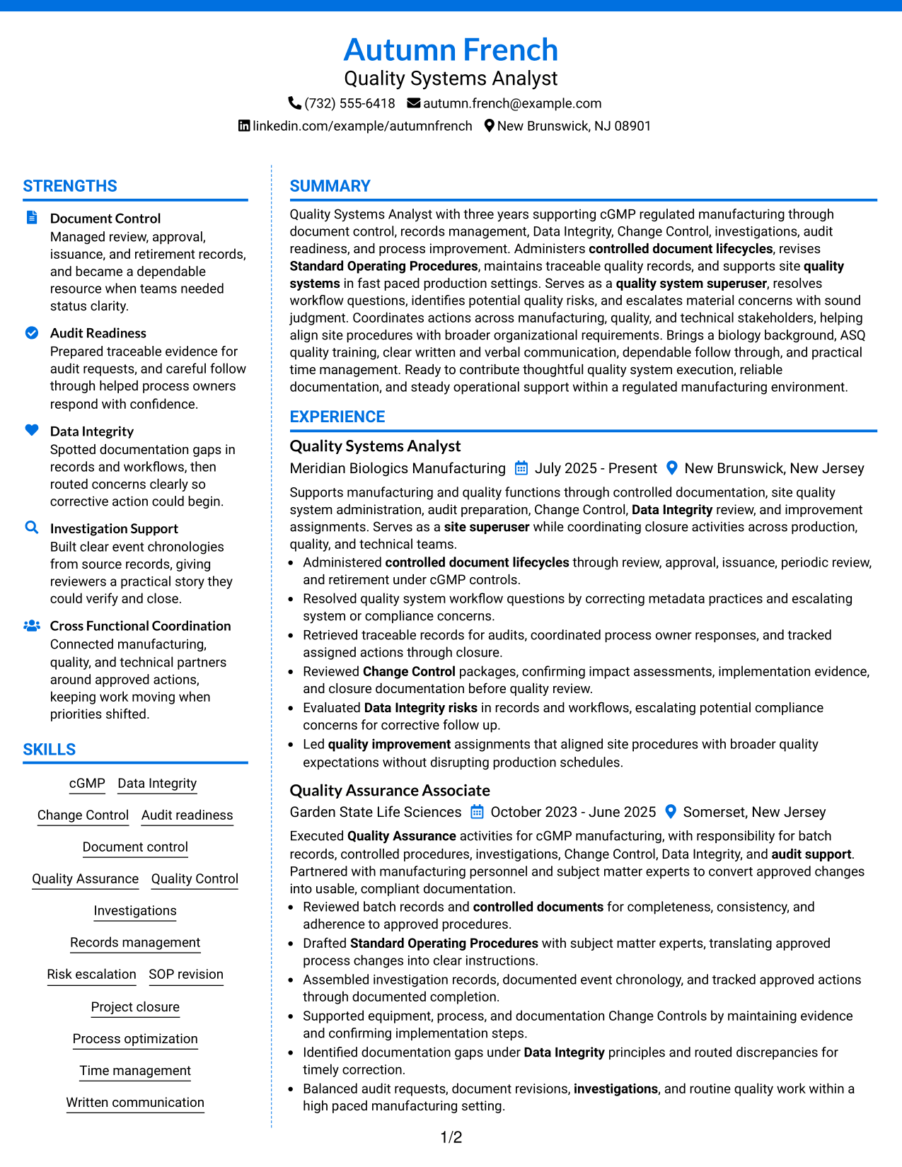 Resume Example Page 1
