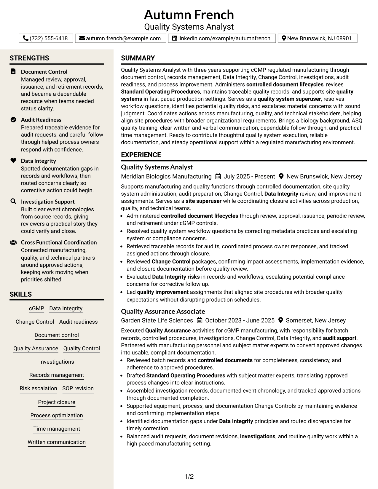 Resume Example Page 1