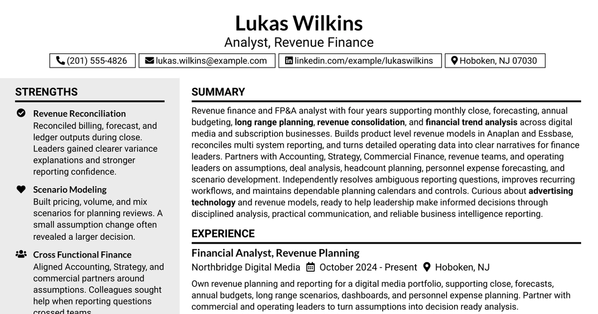 33 Analyst, Revenue Finance (FP&A) - Advertising Revenue Planning Resume Templates with Example 2026 (ATS-Optimized)