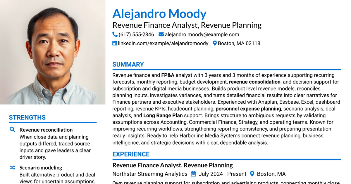 33 Analyst, Revenue Finance (FP&A) - Revenue Planning Resume Templates with Example 2026 (ATS-Optimized)