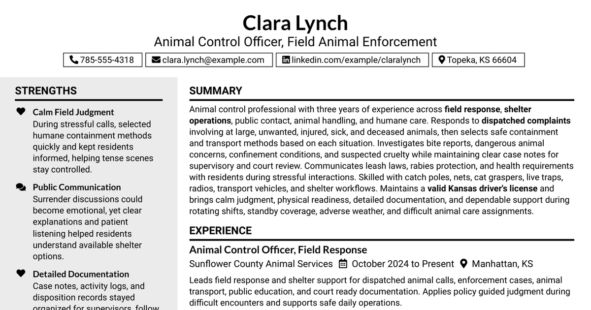 33 Animal Control Officer - Field Animal Enforcement Resume Templates with Example 2026 (ATS-Optimized)