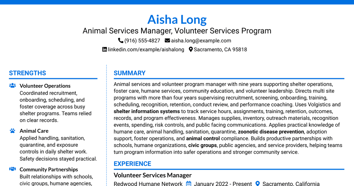 7 Animal Services Manager - Volunteer Services Program Resume Templates with Example
