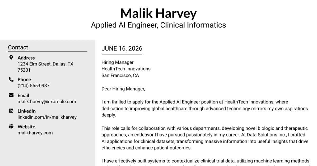 30+ Applied AI Engineer, Clinical Informatics Cover Letter Templates with Example 2026