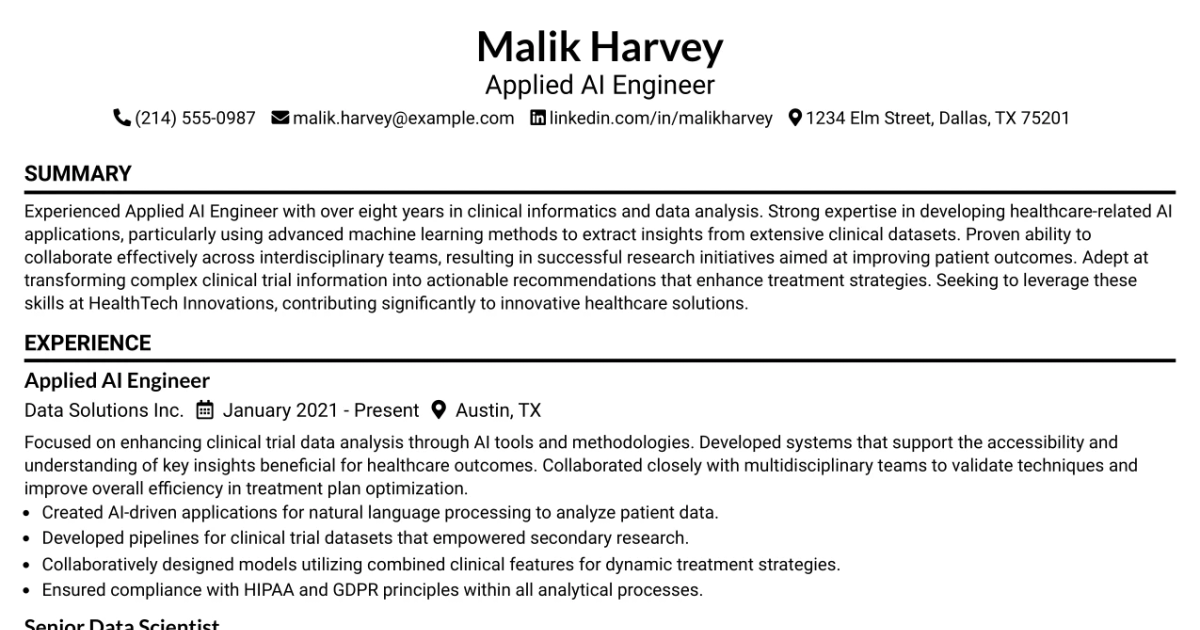 33 Applied AI Engineer, Clinical Informatics Resume Templates with Example 2026 (ATS-Optimized)