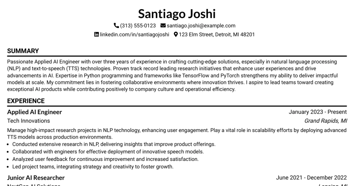 33 Applied AI Engineer & Researcher Resume Templates with Example 2026 (ATS-Optimized)