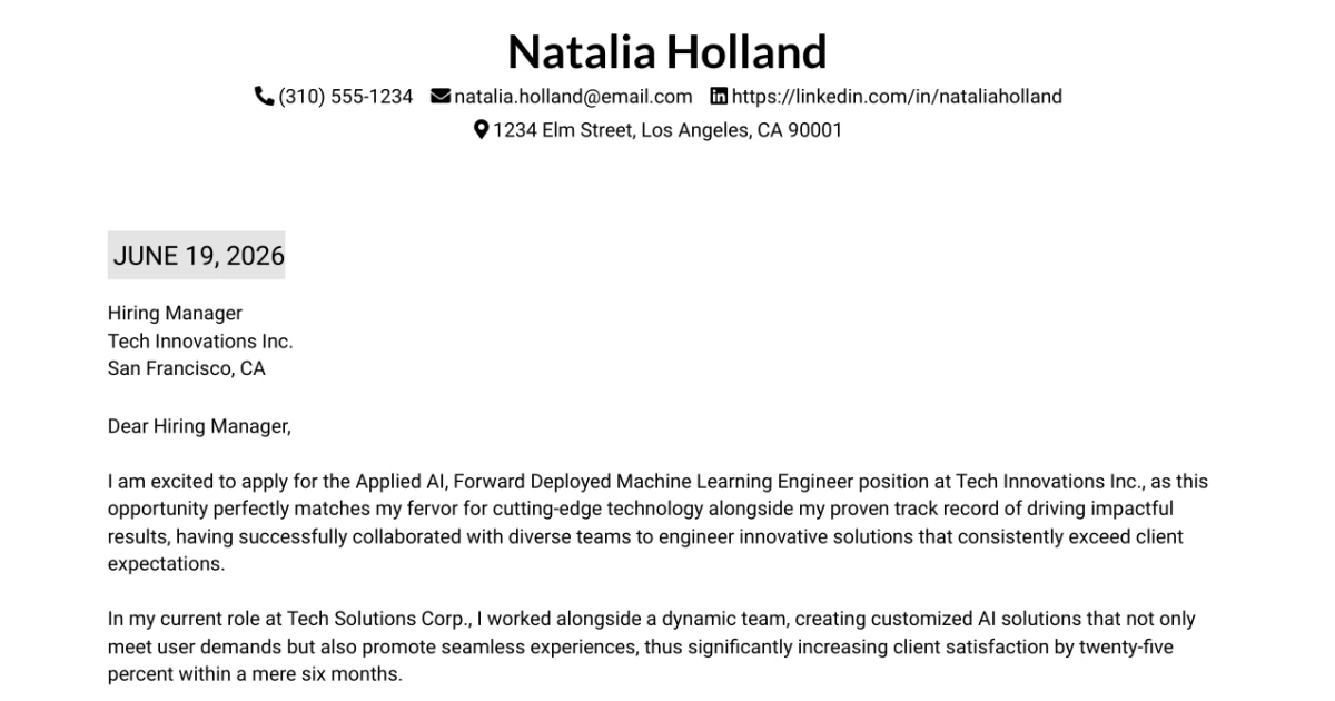 30+ Applied AI, Forward Deployed Machine Learning Engineer Cover Letter Templates with Example 2026