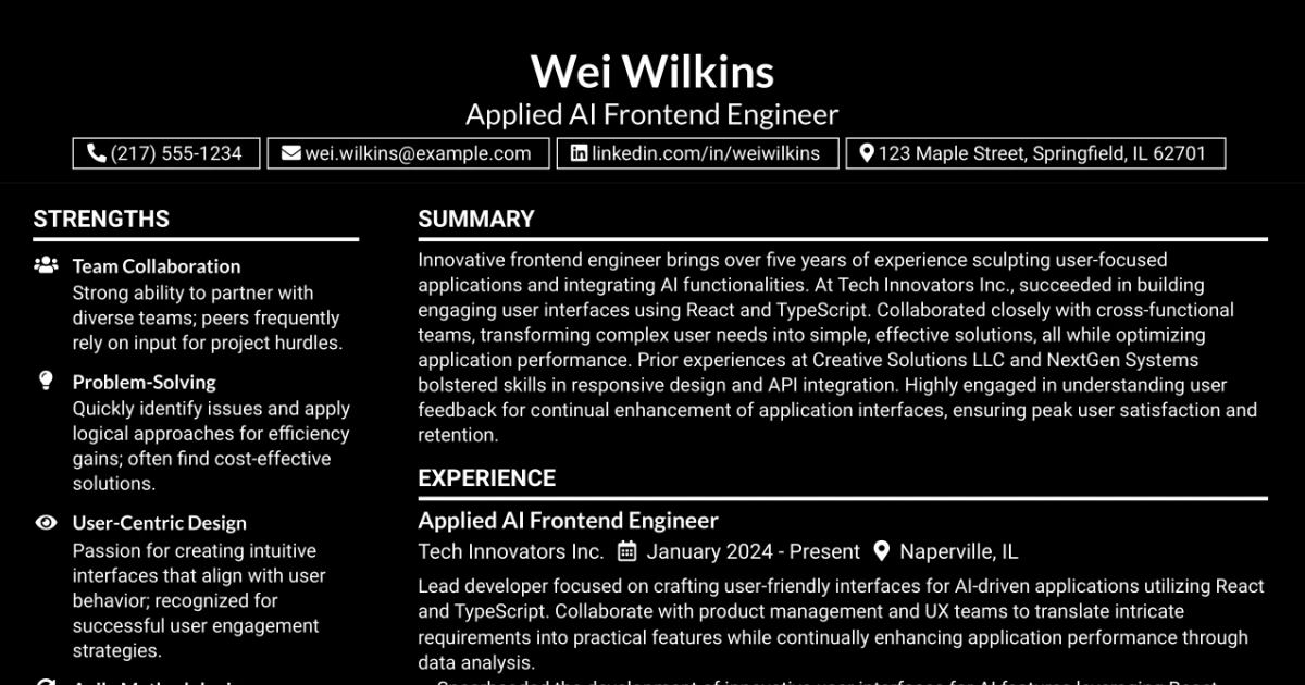 33 Applied AI Frontend Engineer Resume Templates with Example 2026 (ATS-Optimized)