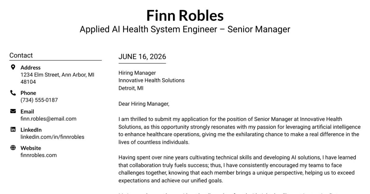 30+ Applied AI Health System Engineer – Senior Manager Cover Letter Templates with Example 2026