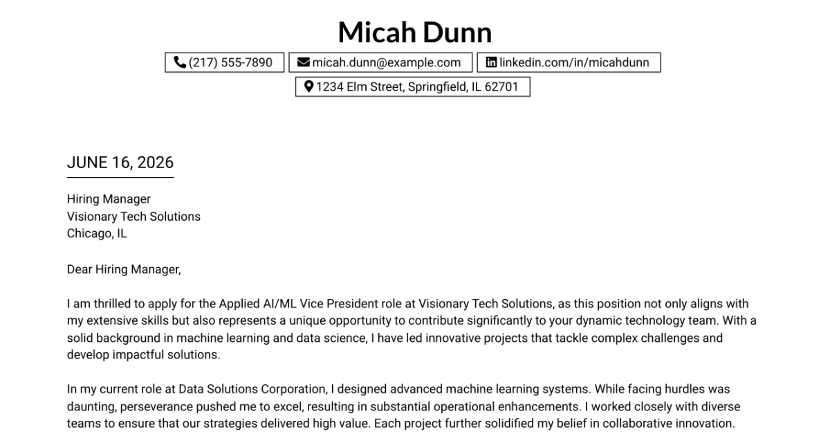 30+ Applied AI/ML Vice President Cover Letter Templates with Example 2026