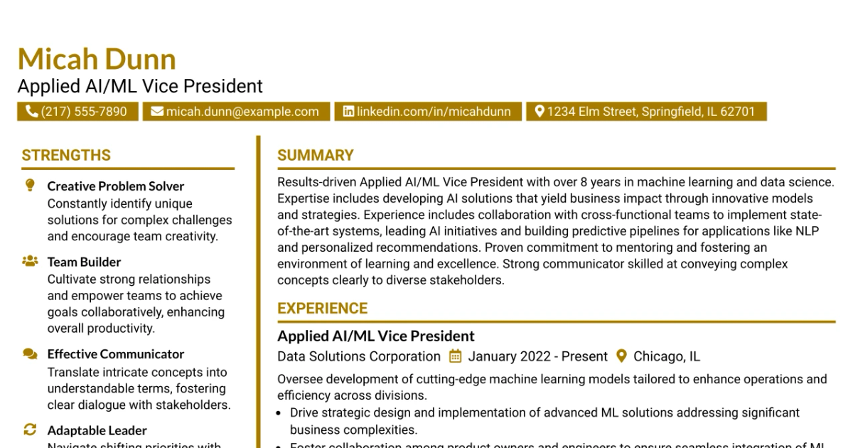 33 Applied AI/ML Vice President Resume Templates with Example 2026 (ATS-Optimized)