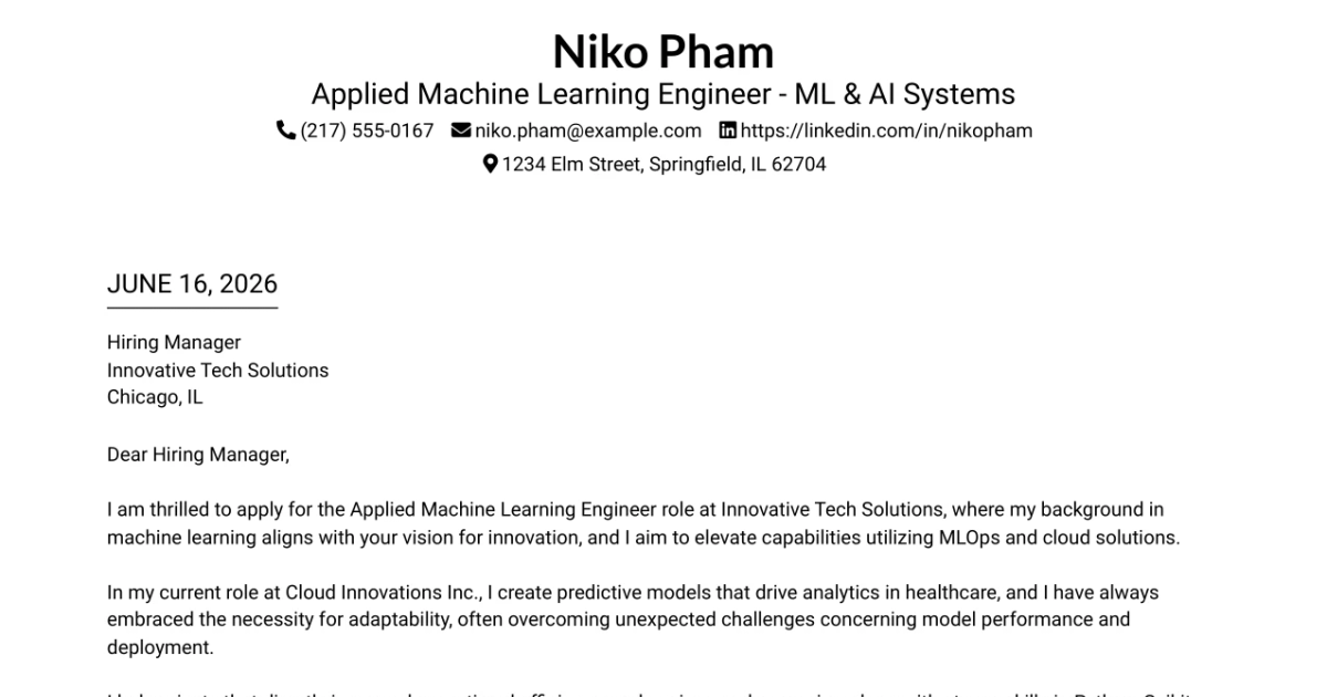 30+ Applied Machine Learning Engineer - ML & AI Systems Cover Letter Templates with Example 2026
