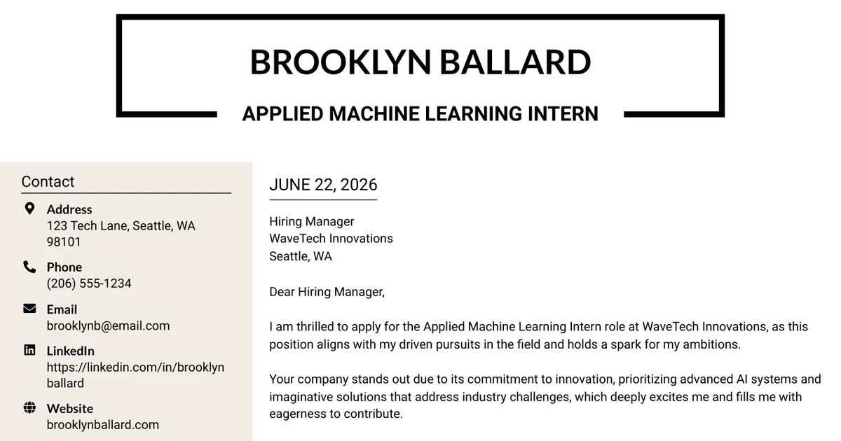 30+ Applied Machine Learning Intern Cover Letter Templates with Example 2026