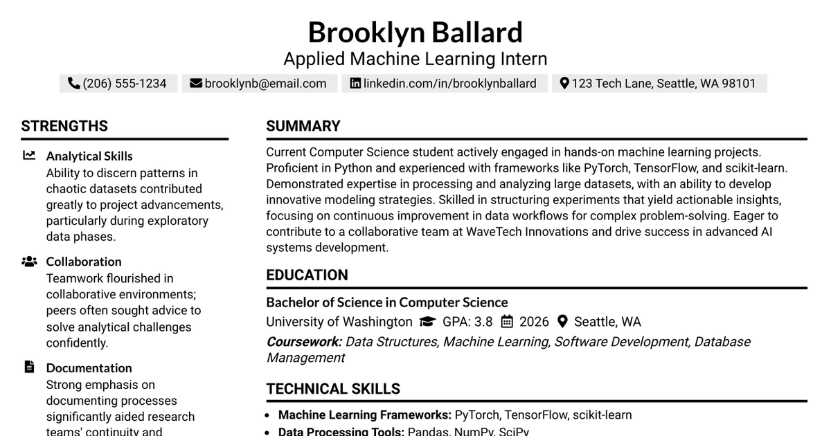 33 Applied Machine Learning Intern Resume Templates with Example 2026 (ATS-Optimized)