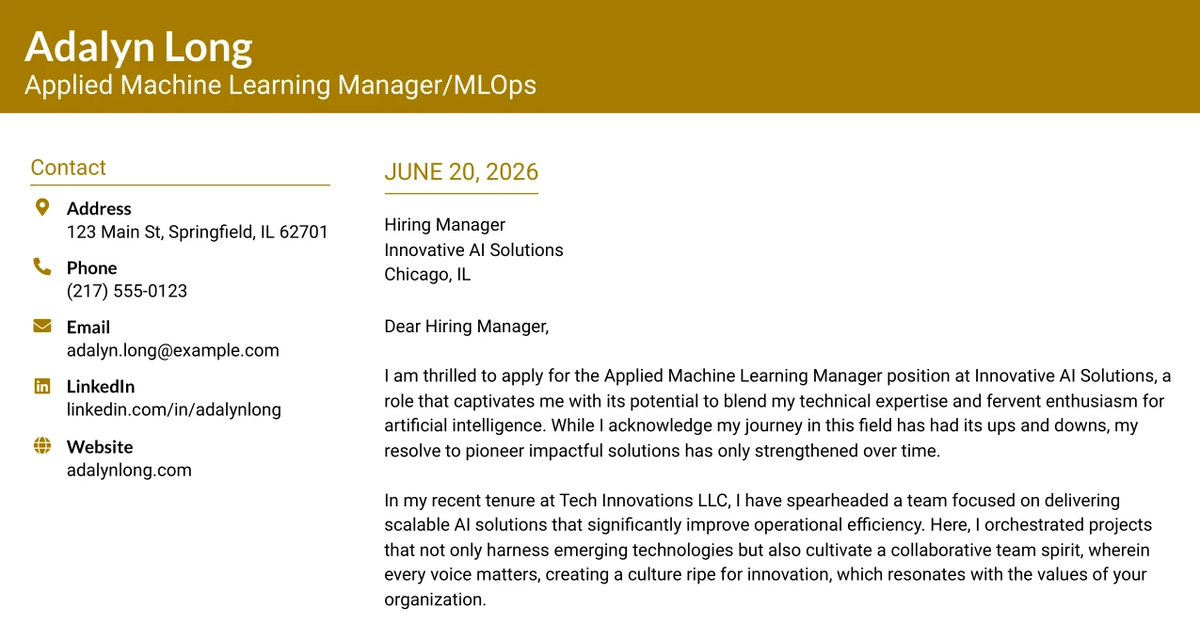 30+ Applied Machine Learning Manager/MLOps Cover Letter Templates with Example 2026