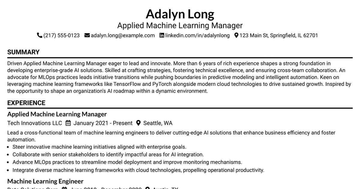 33 Applied Machine Learning Manager/MLOps Resume Templates with Example 2026 (ATS-Optimized)