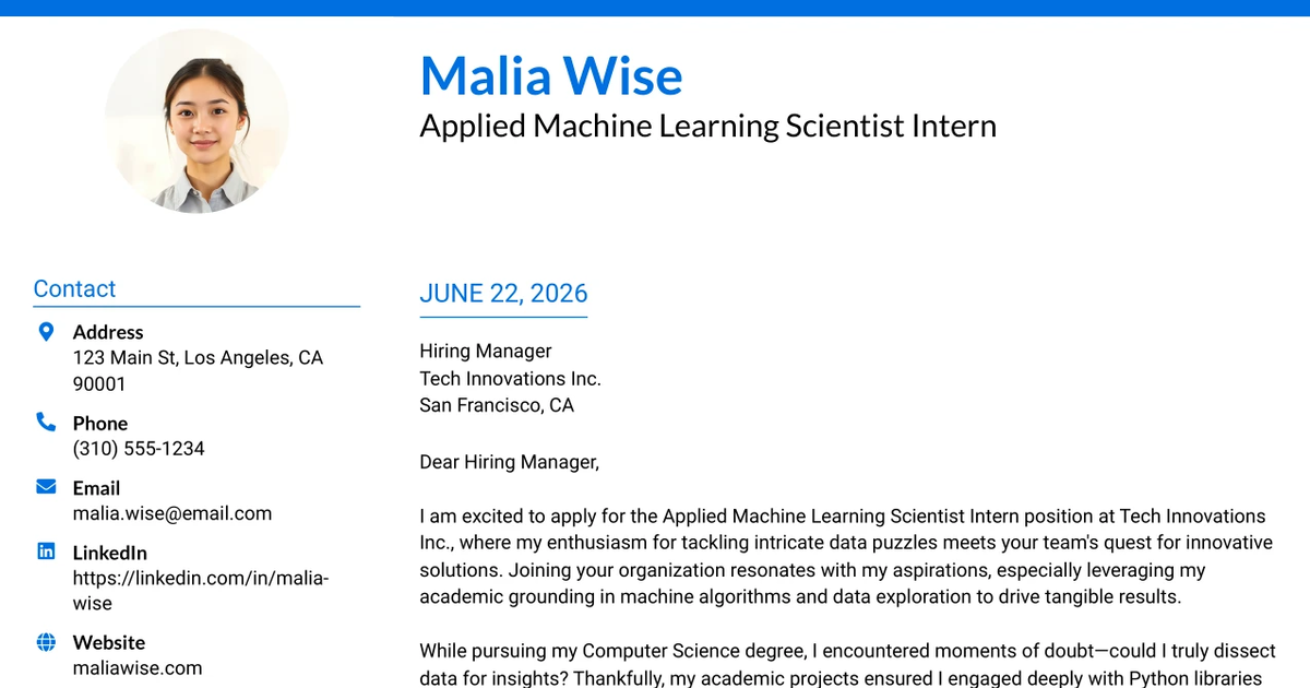 30+ Applied Machine Learning Scientist Intern Cover Letter Templates with Example 2026