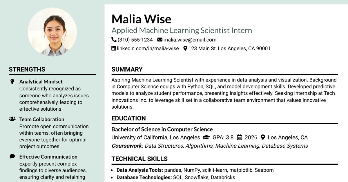 33 Applied Machine Learning Scientist Intern Resume Templates with Example 2026 (ATS-Optimized)