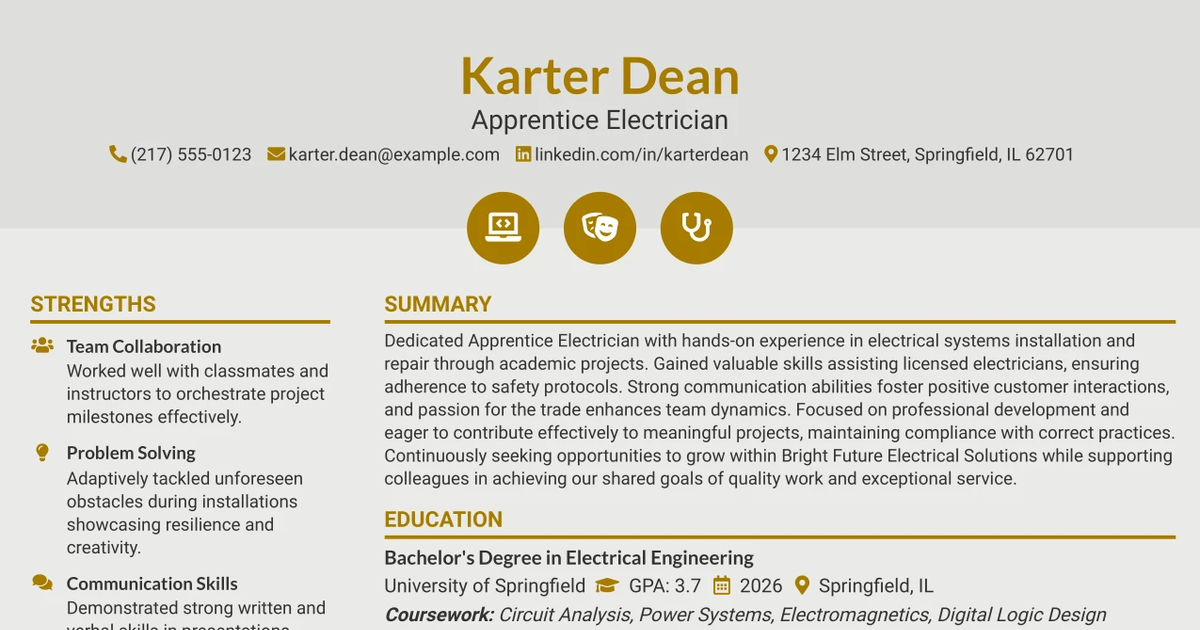 33 Apprentice Electrician Resume Templates with Example 2026 (ATS-Optimized)