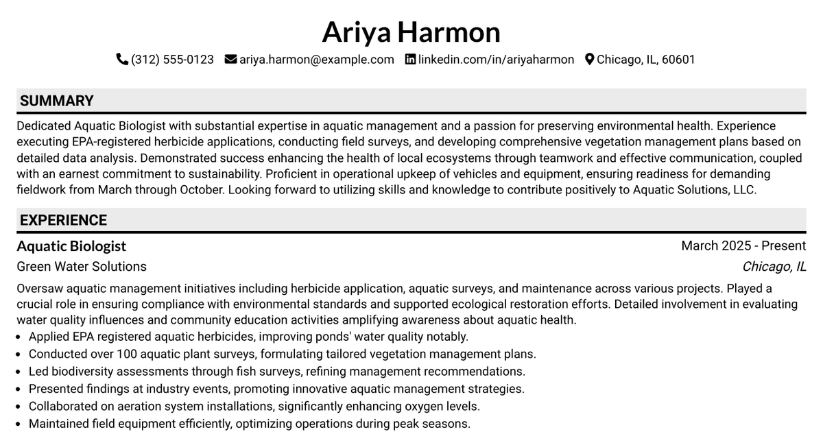 33 Aquatic Biologist Resume Templates with Example 2026 (ATS-Optimized)