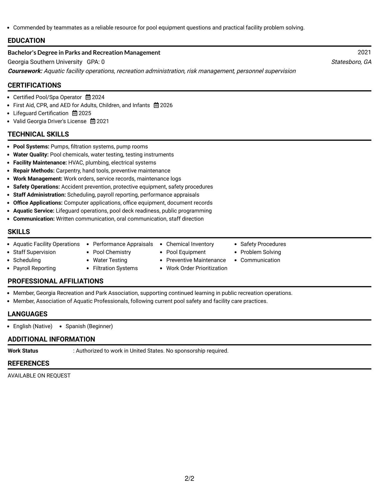 Resume Example Page 2