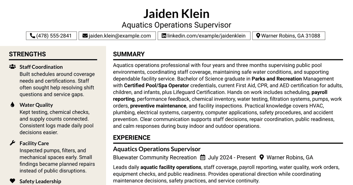 7 Aquatic Center & Pools Supervisor - Aquatics Resume Templates with Example