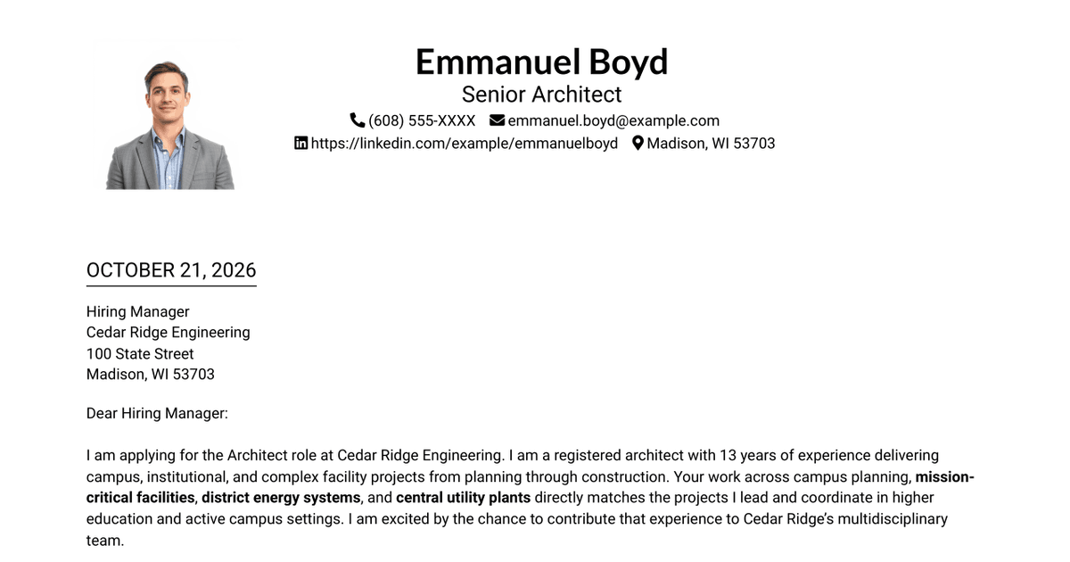 7 Architect - Campus and Mission-Critical Facilities Cover Letter Templates with Example