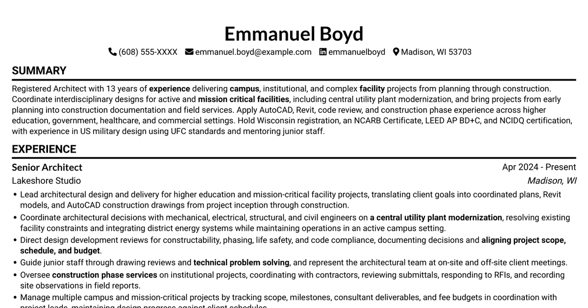 7 Architect - Campus and Mission-Critical Facilities Resume Templates with Example