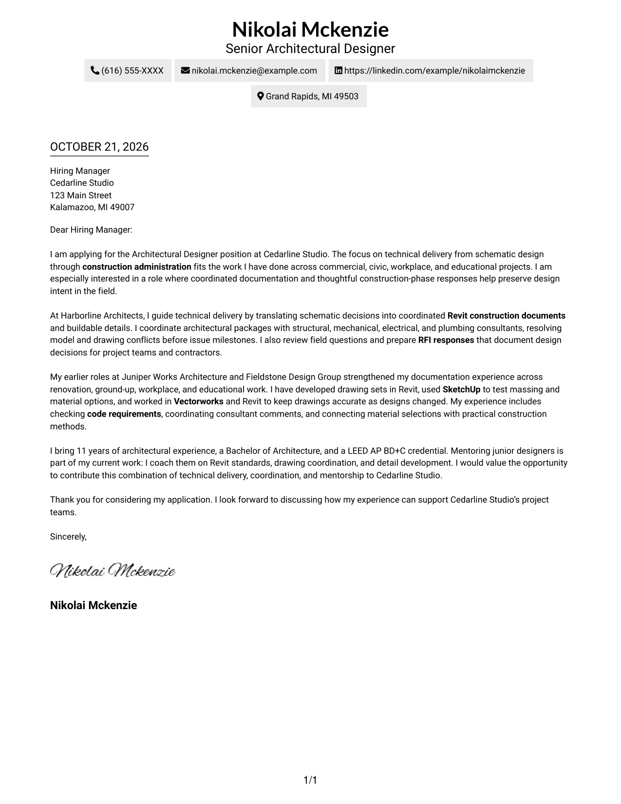 Cover letter example — page 1