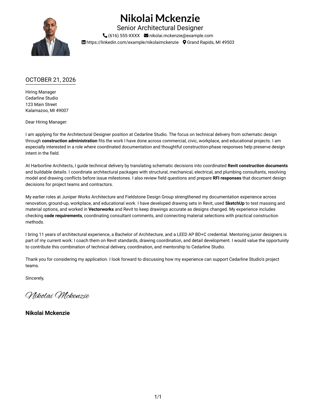 Cover letter example — page 1