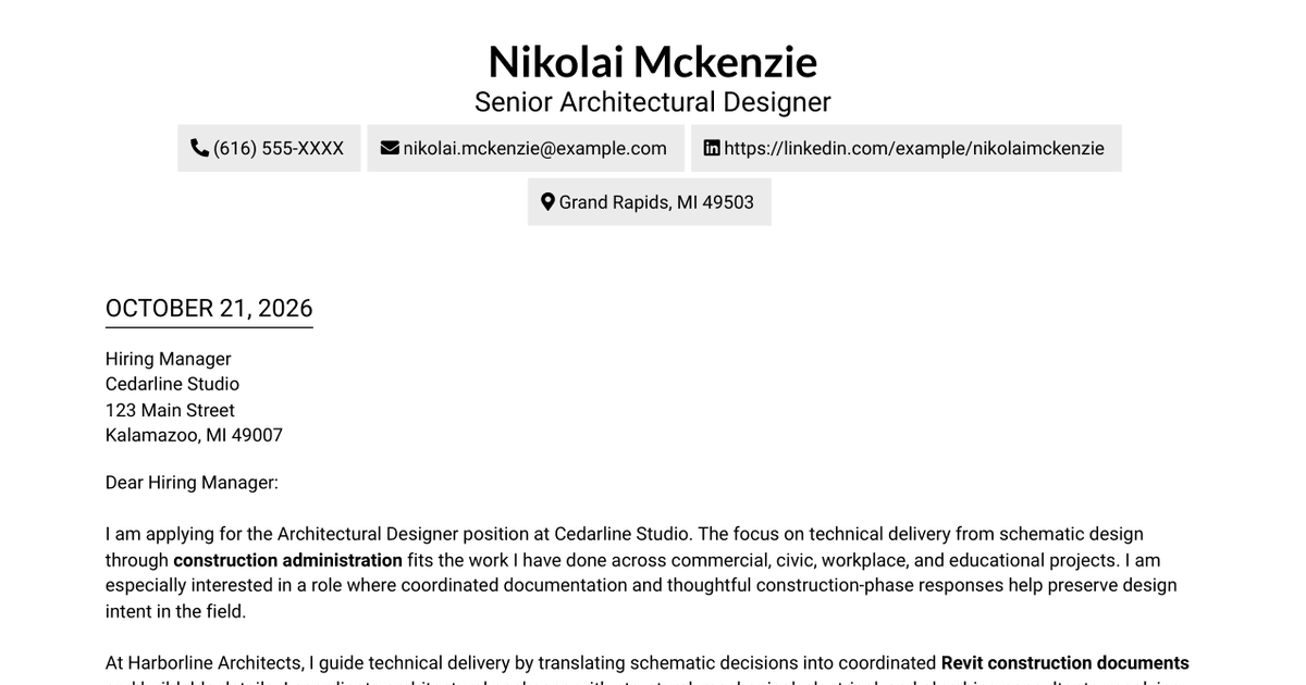 7 Architectural Designer - Construction Documentation Cover Letter Templates with Example