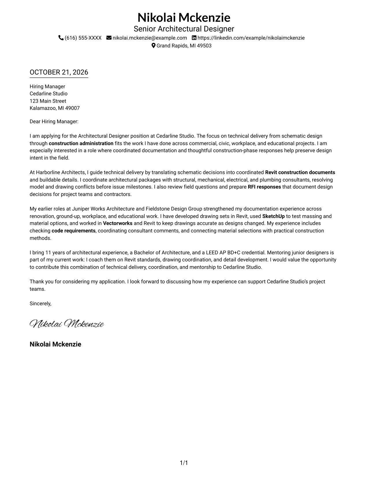 Cover letter example — page 1