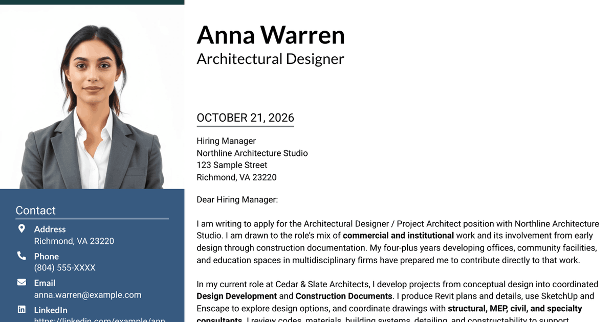 7 Architectural Designer / Project Architect - Commercial and Institutional Cover Letter Templates with Example