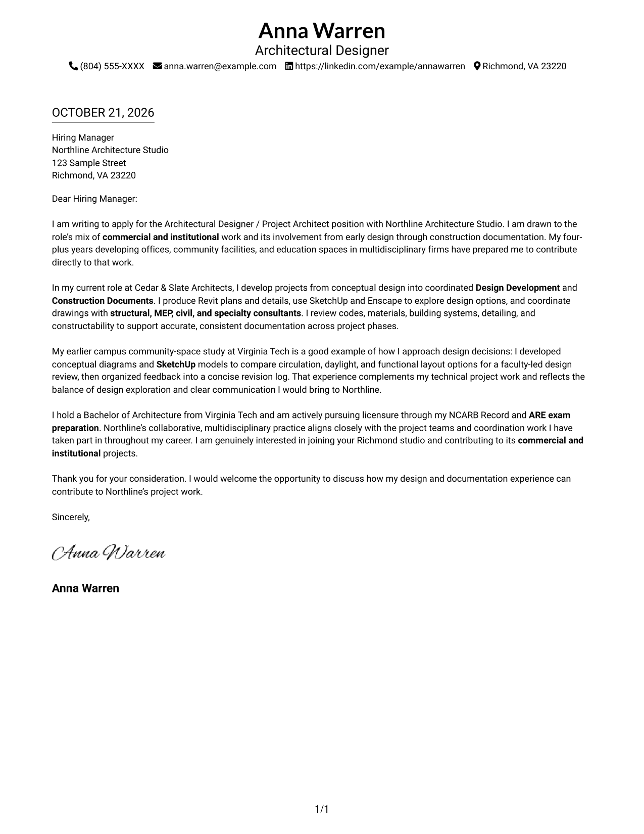 Cover letter example — page 1