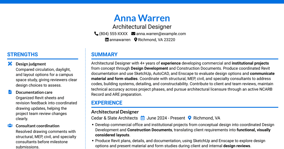 7 Architectural Designer / Project Architect - Commercial and Institutional Resume Templates with Example
