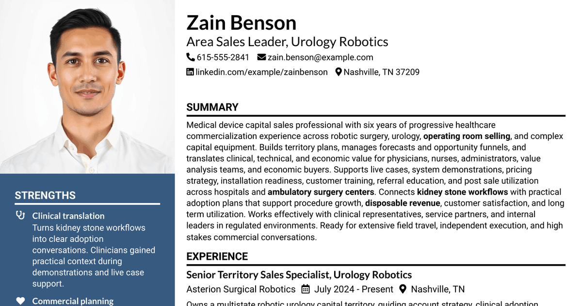 7 Area Sales Leader - Monarch Urology Resume Templates with Example