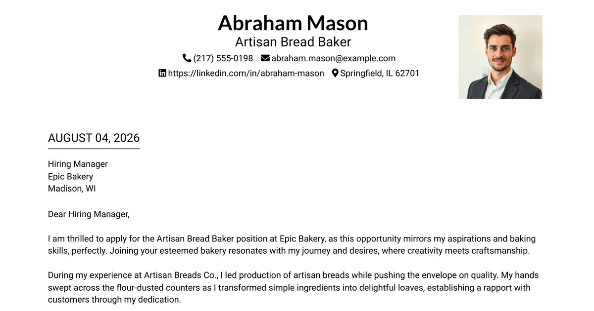 30+ Artisan Bread Baker Cover Letter Templates with Example 2026