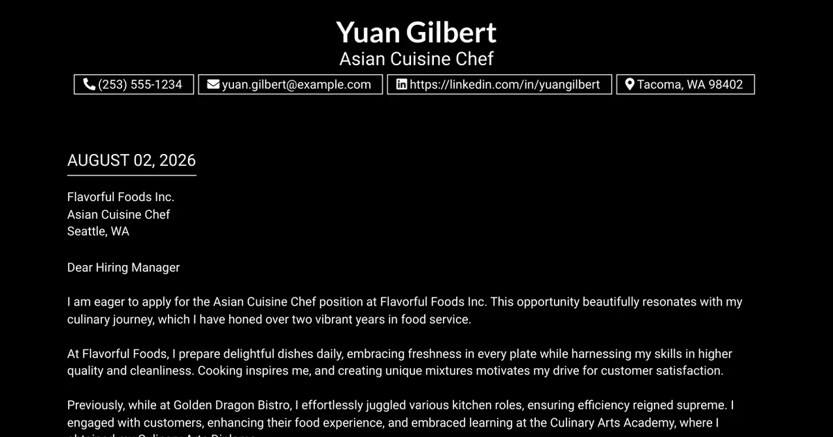 30+ Asian Cuisine Chef Cover Letter Templates with Example 2026