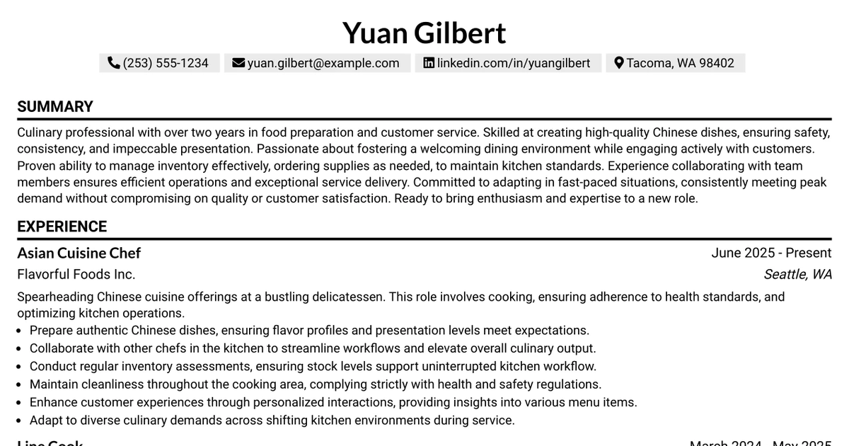 33 Asian Cuisine Chef Resume Templates with Example 2026 (ATS-Optimized)