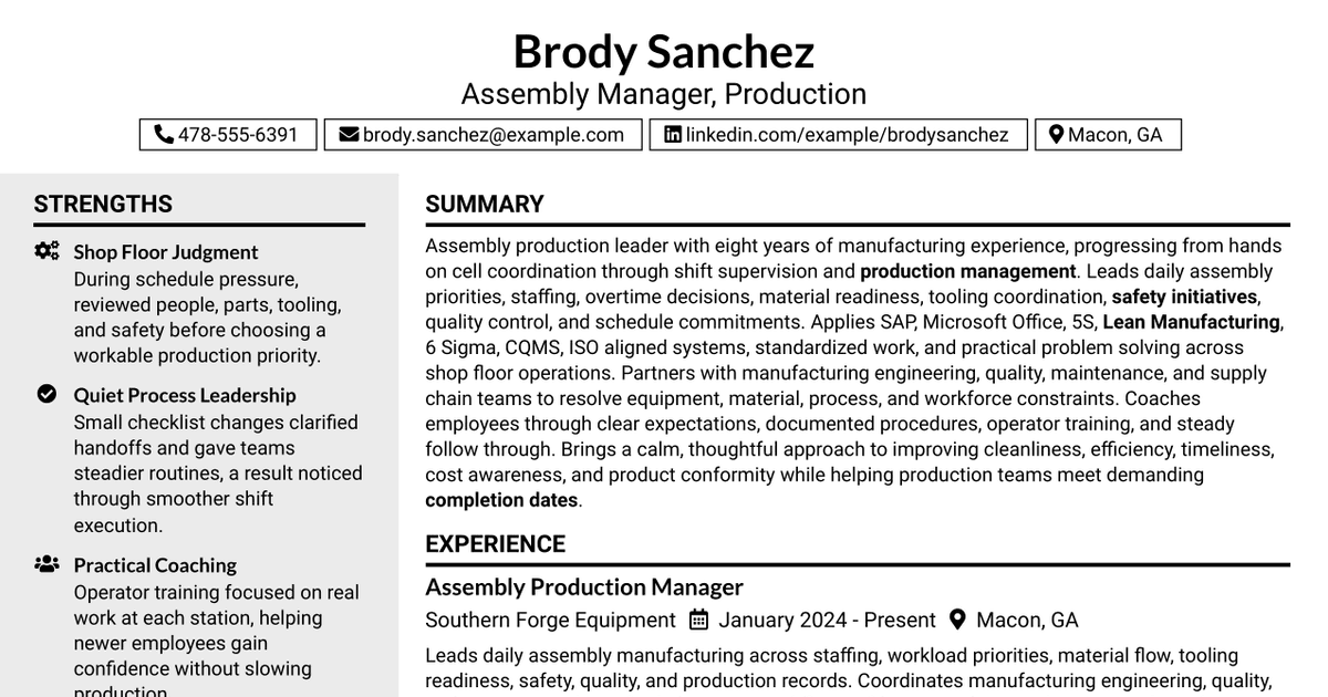 7 Assembly Manager Production Resume Templates with Example