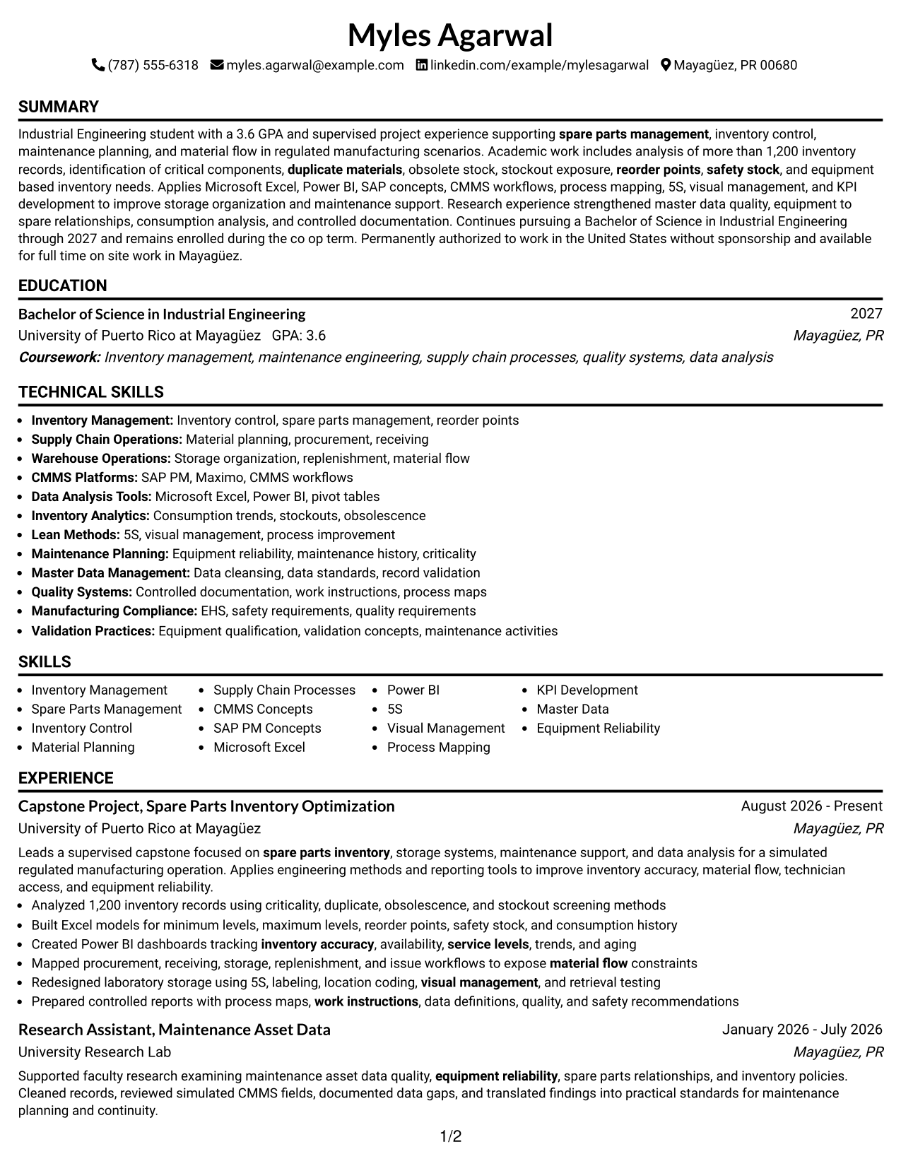Resume Example Page 1