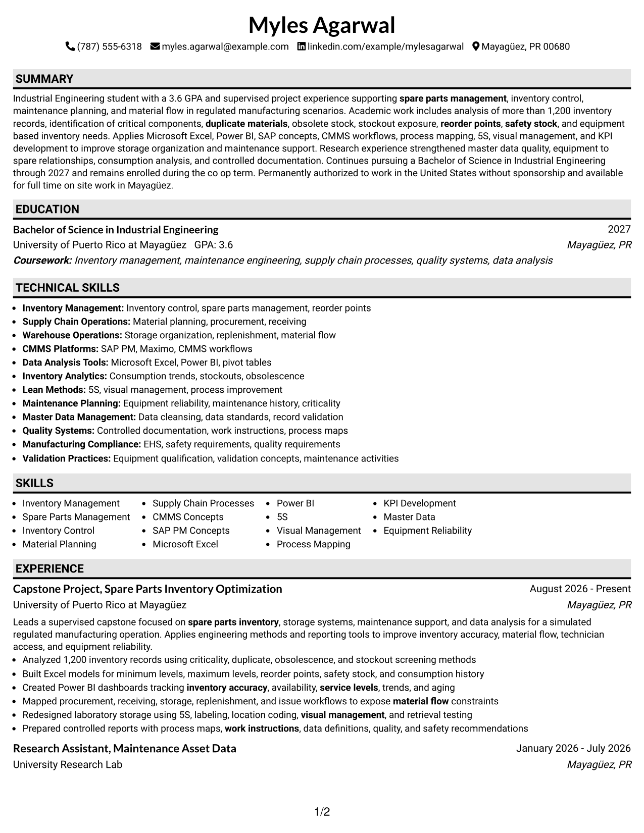 Resume Example Page 1