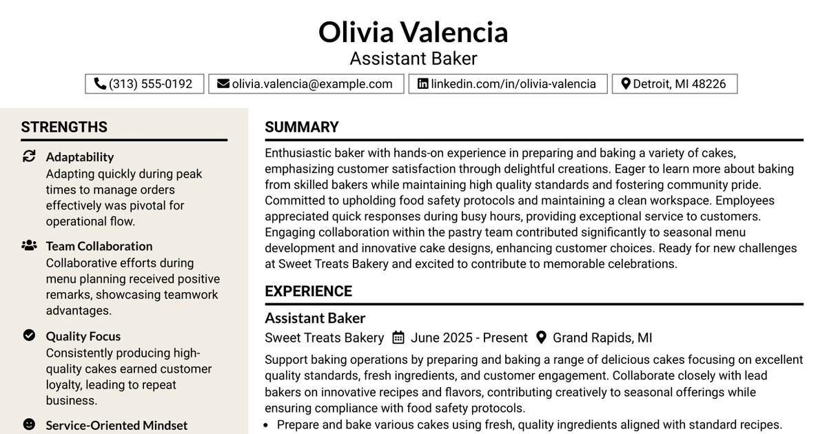 33 Assistant Baker Resume Templates with Example 2026 (ATS-Optimized)