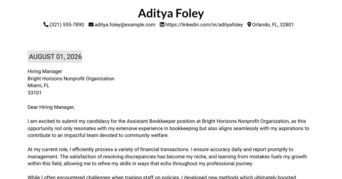 30+ Assistant Bookkeeper Cover Letter Templates with Example 2026