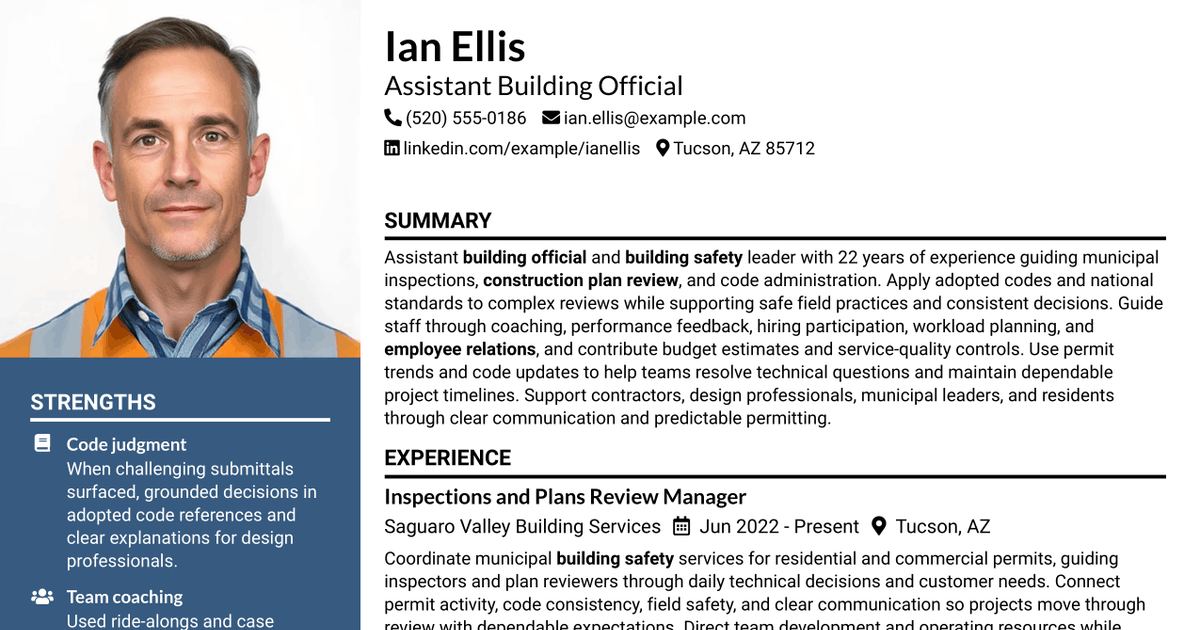 7 Assistant Building Official - Building Inspections and Plan Review Resume Templates with Example