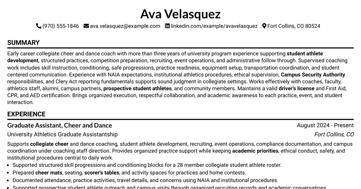 7 Assistant Cheer and Dance Coach Resume Templates with Example