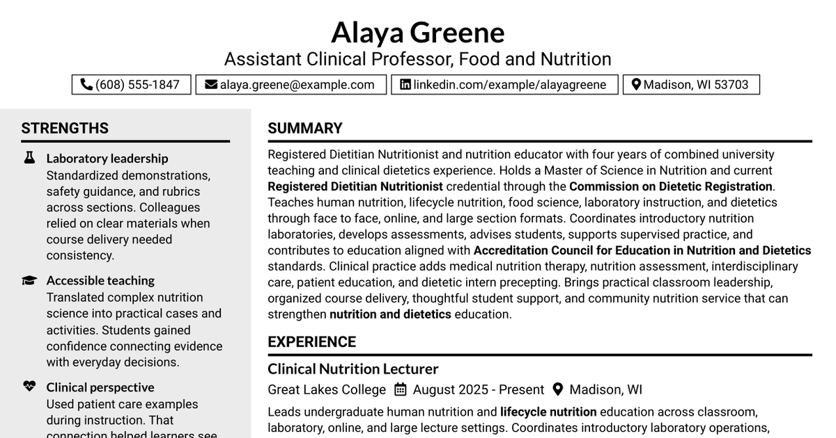 7 Assistant Clinical Professor - Food and Nutrition Resume Templates with Example