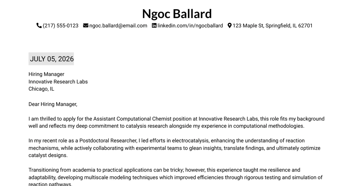 30+ Assistant Computational Chemist / Chemical Engineer – Catalysis Cover Letter Templates with Example 2026