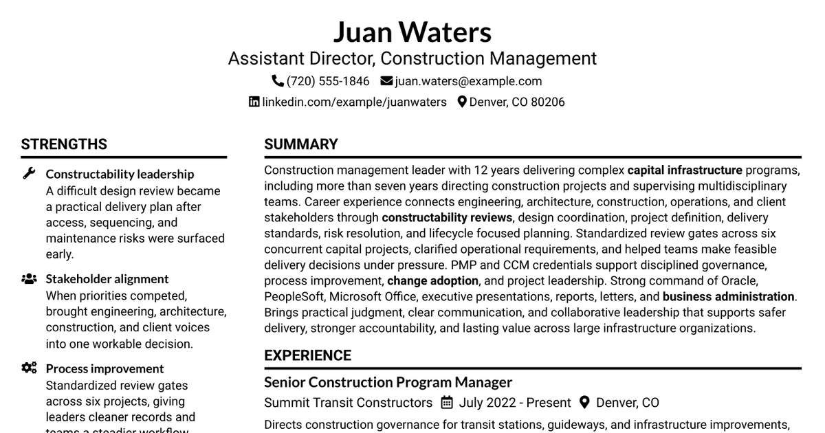 7 Assistant Director Construction Management Resume Templates with Example