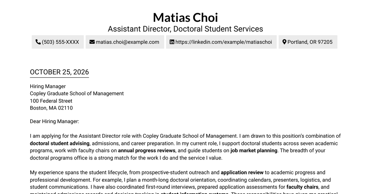 7 Assistant Director, Doctoral Programs Cover Letter Templates with Example