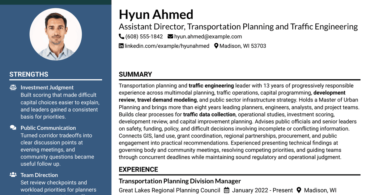 7 Assistant Director - Transportation Planning & Traffic Engineering Resume Templates with Example